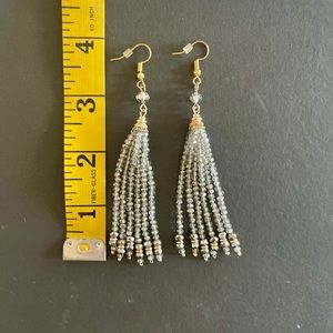 STUNNING GRAY BEADED DROP EARRINGS WITH GOLD TONE ACCENTS